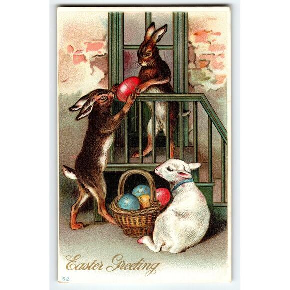 Vintage Easter Postcard with Rabbits and Lamb Holding Basket of Eggs Embossed - Picture 1 of 2